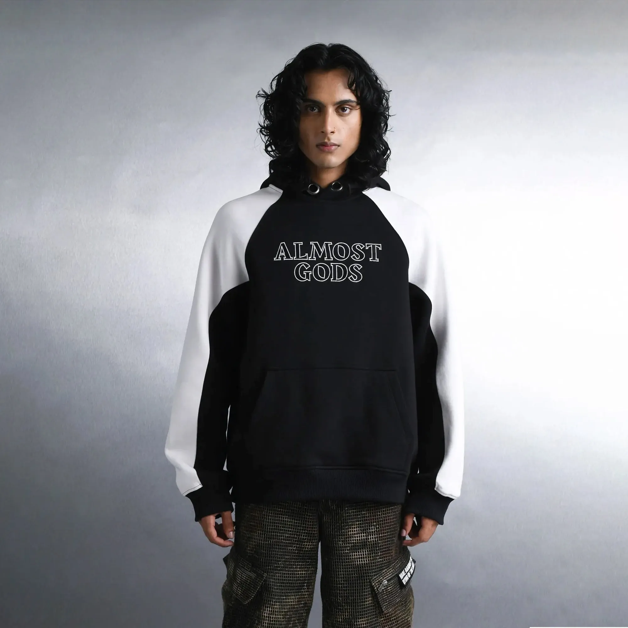 ALMOST GODS | LOGO PANEL HOODIE IN BLACK AND WHITE { BLACK/WHITE