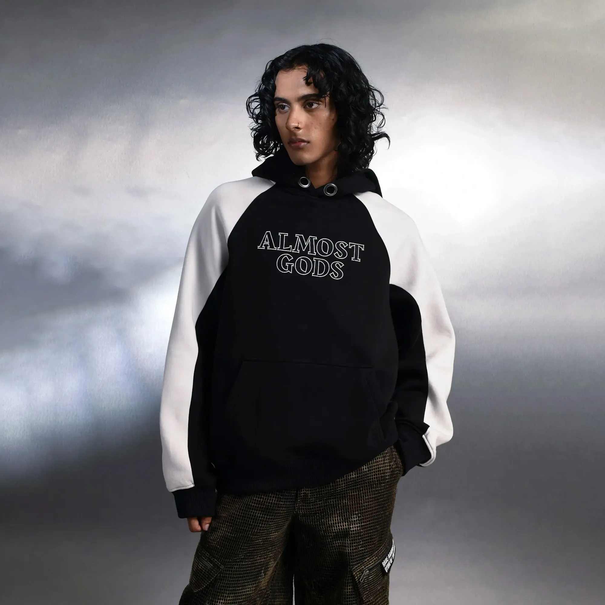 ALMOST GODS | LOGO PANEL HOODIE IN BLACK AND WHITE { BLACK/WHITE
