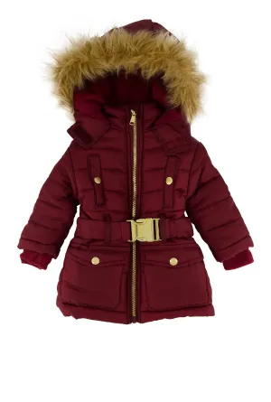 Baby Girl 12-24M Faux Fur Trim Belted Puffer Jacket