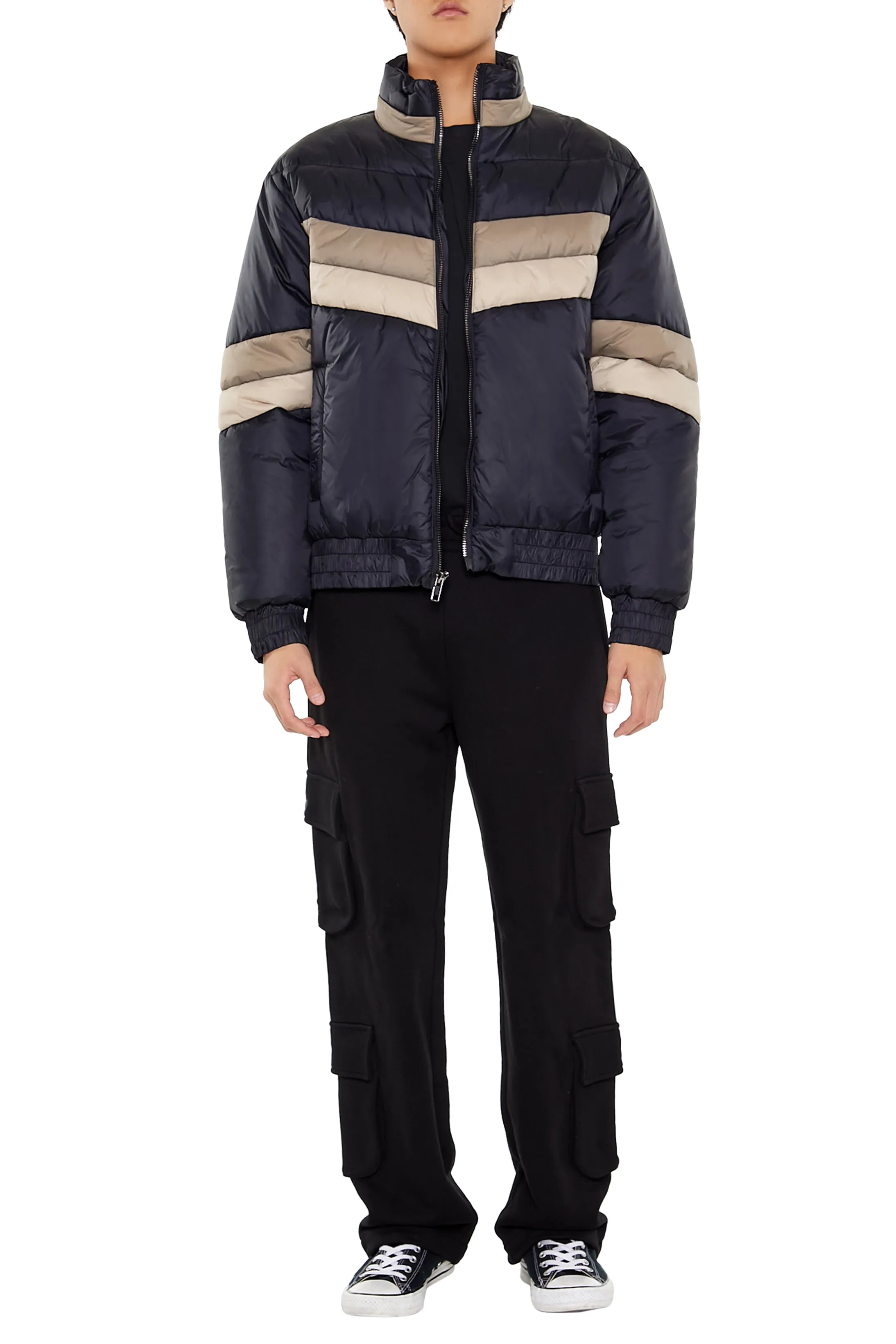 Blouson bouffant avec blocs de couleurs et col tube
