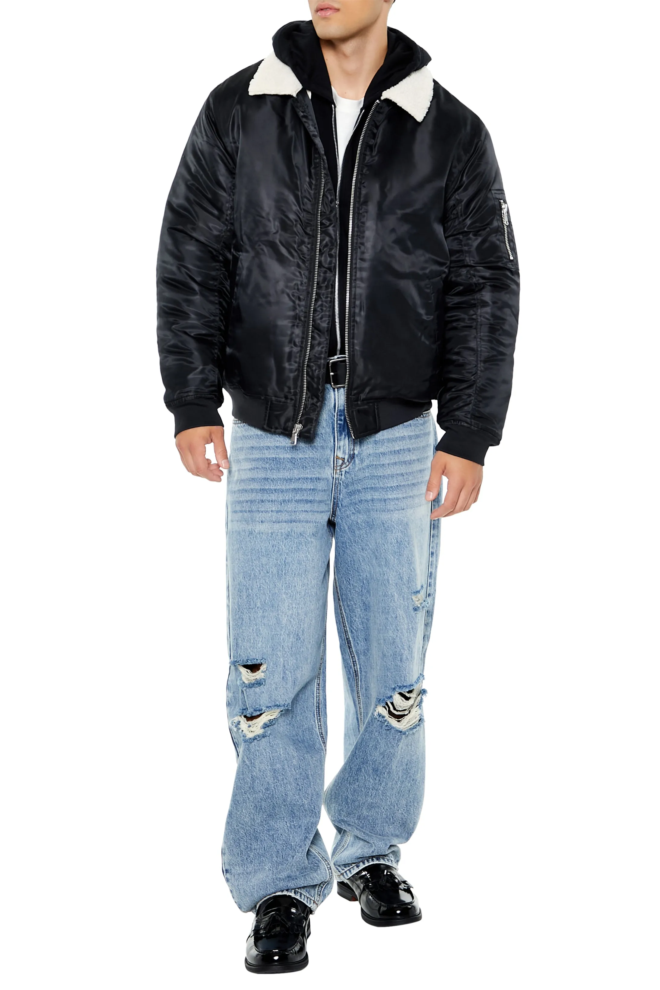 Faux-Shearling Collar Bomber Jacket