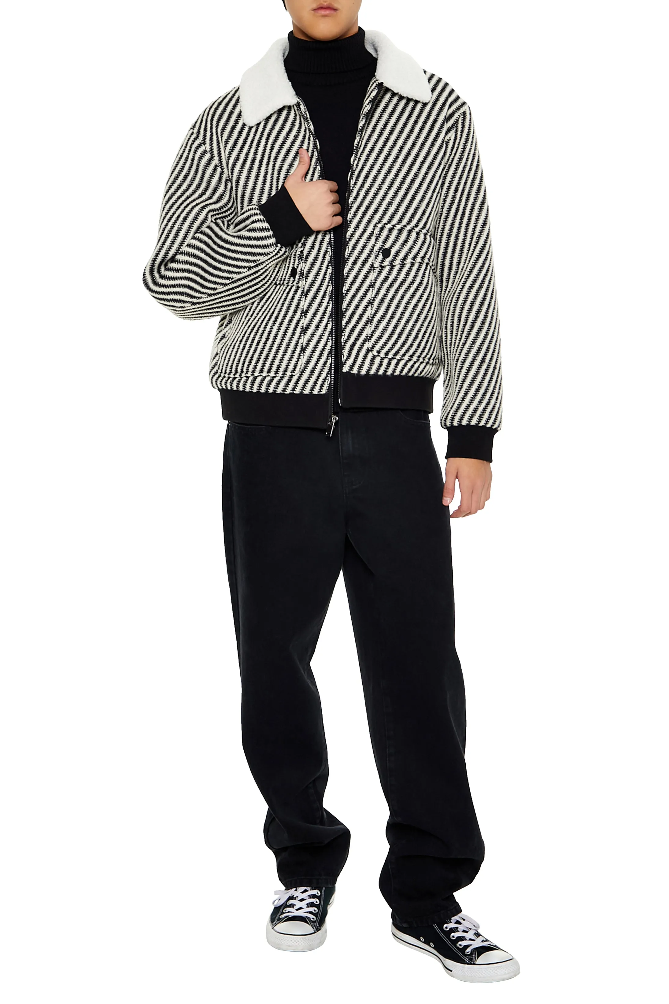 Faux-Shearling Collar Striped Jacket