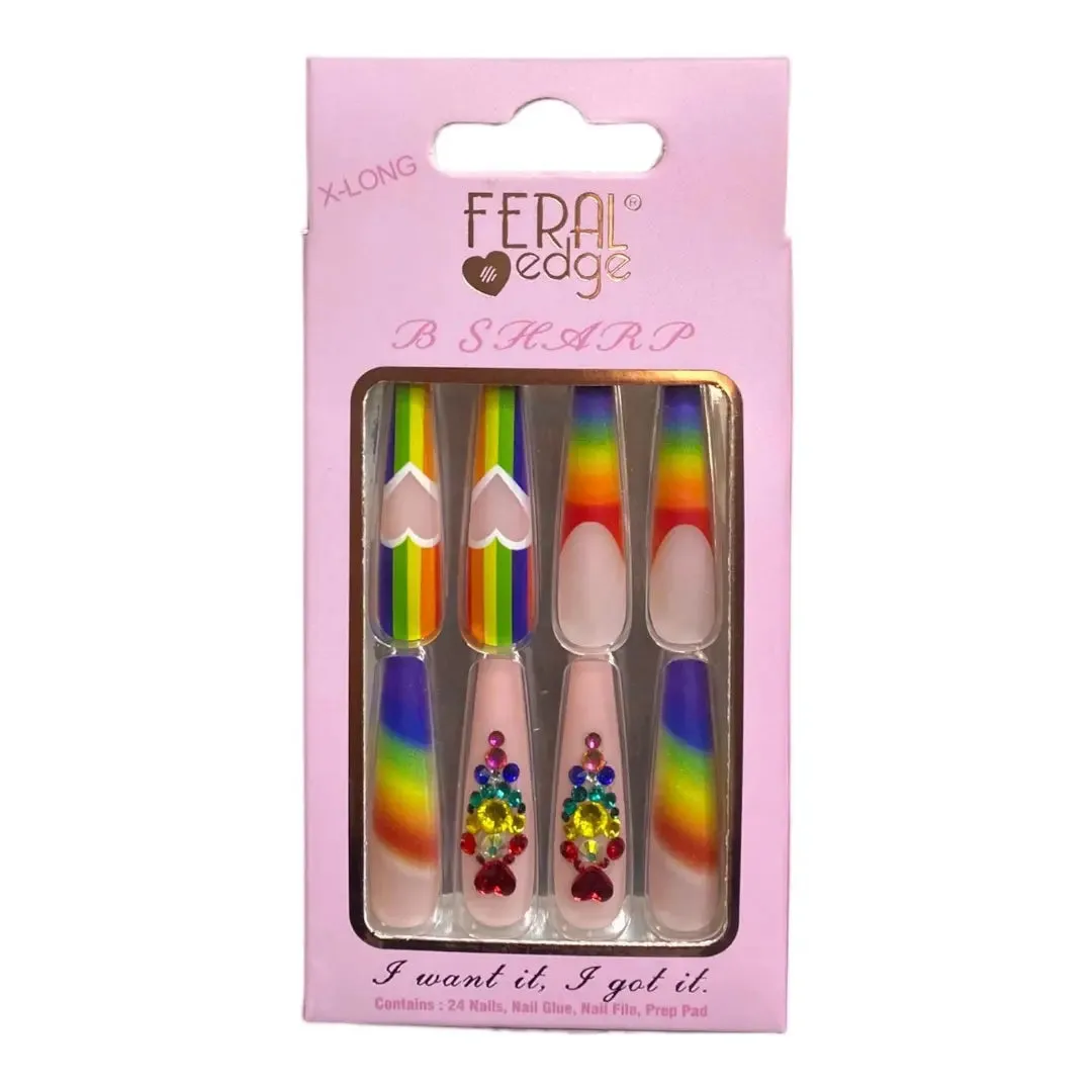 Feral Edge High Quality Press On Nails Extra Long B-Sharp - Rainbow Heart