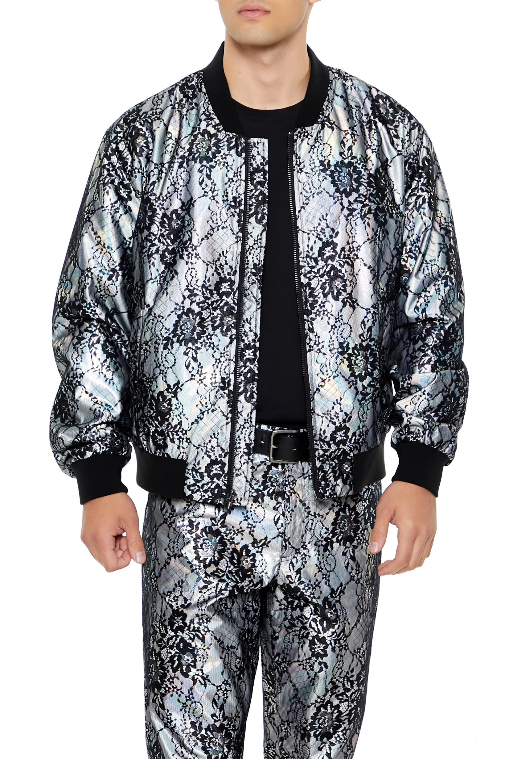 Metallic Lace Bomber Jacket