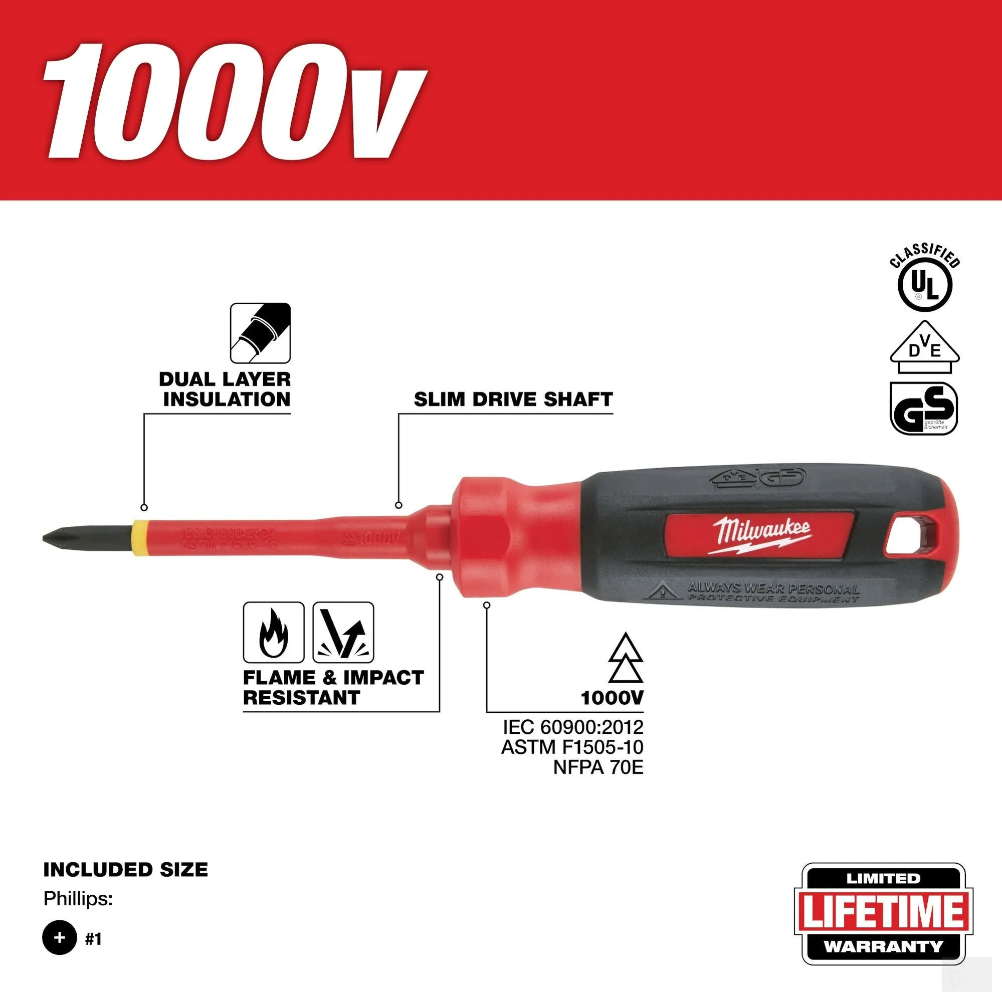 Milwaukee #1 Phillips - 3" 1000V Insulated Screwdriver (48-22-2211)