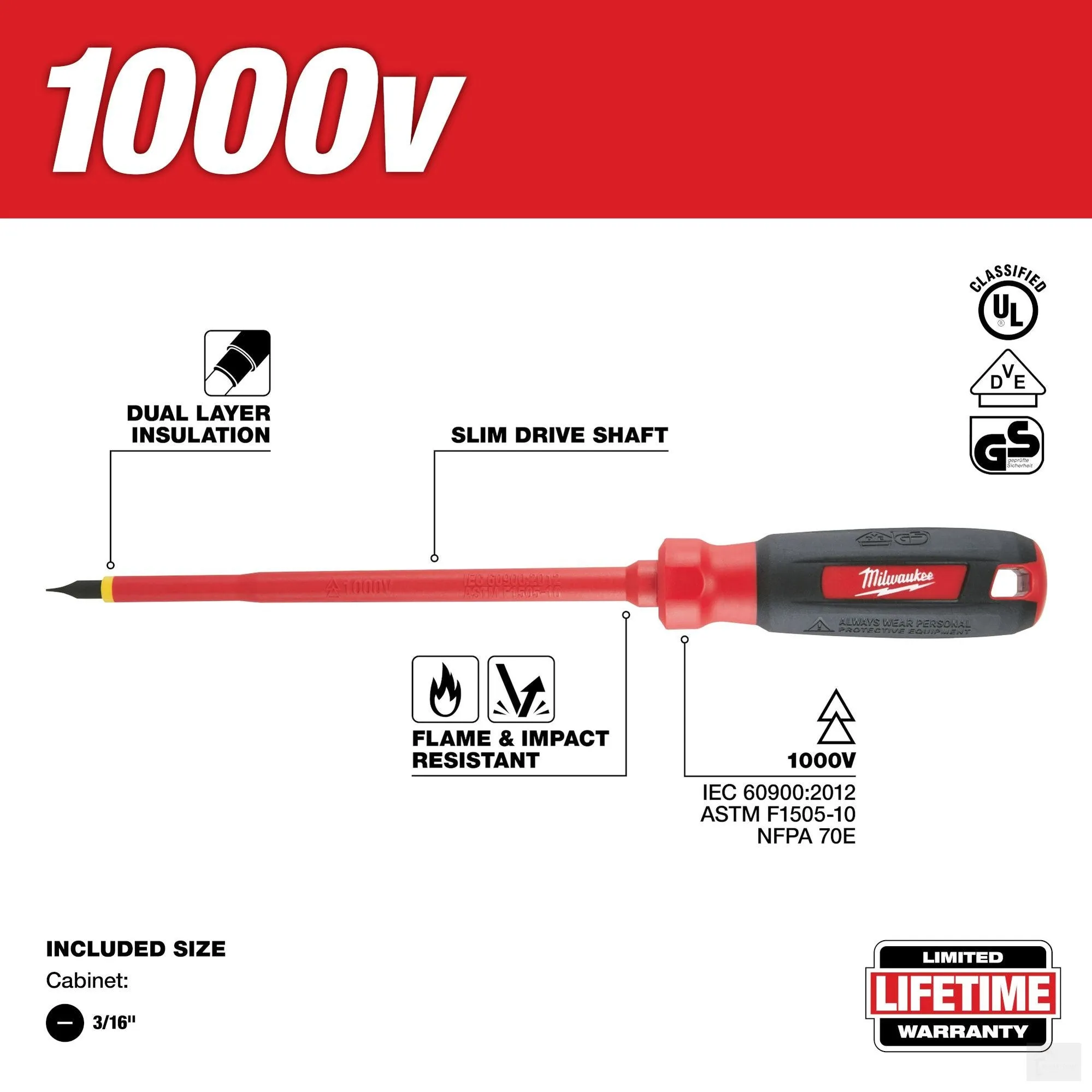 Milwaukee 3/16" Cabinet - 6" 1000V Insulated Screwdriver (48-22-2232)