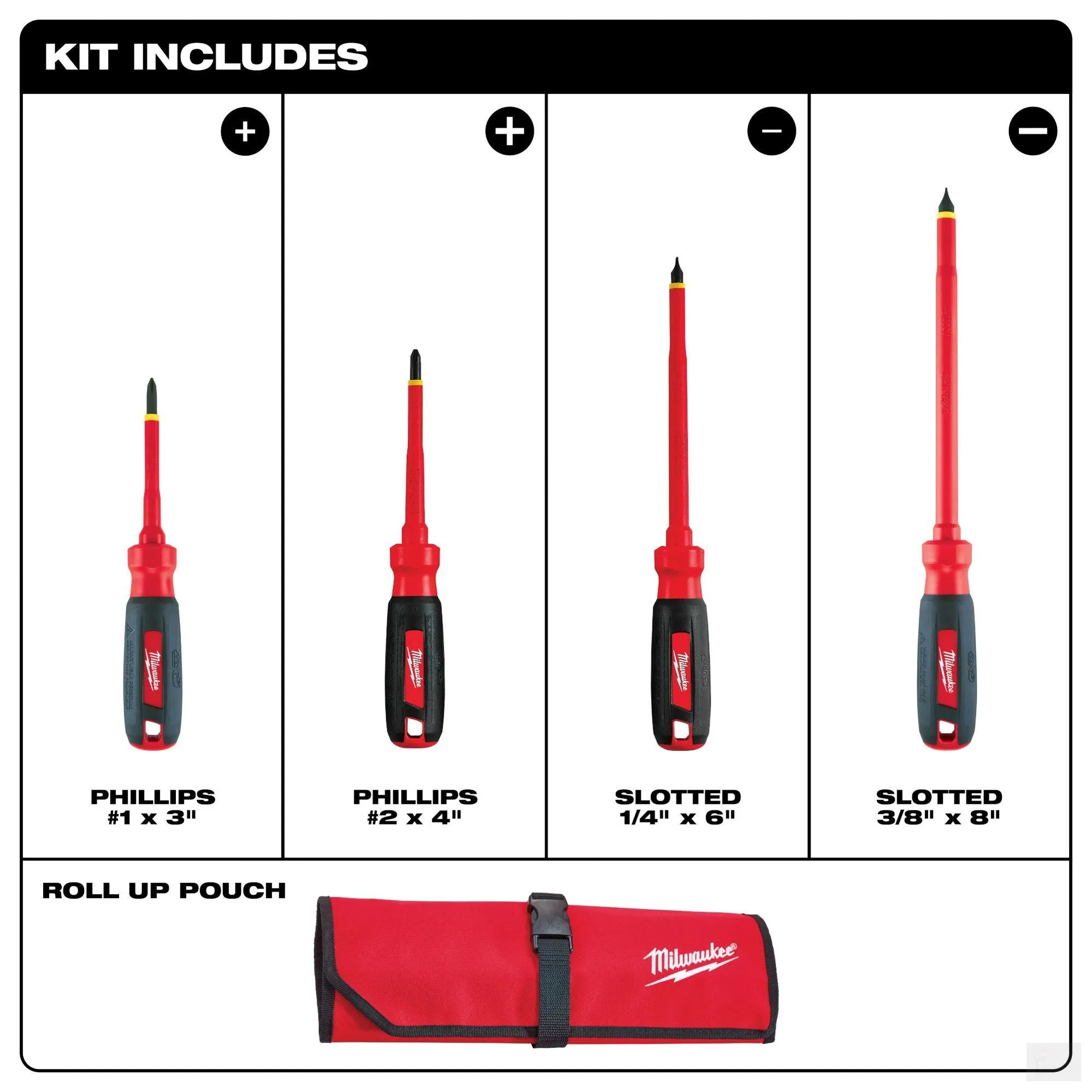 Milwaukee 4 PC 1000V Insulated Screwdriver Set w/ Roll Pouch (48-22-2204)