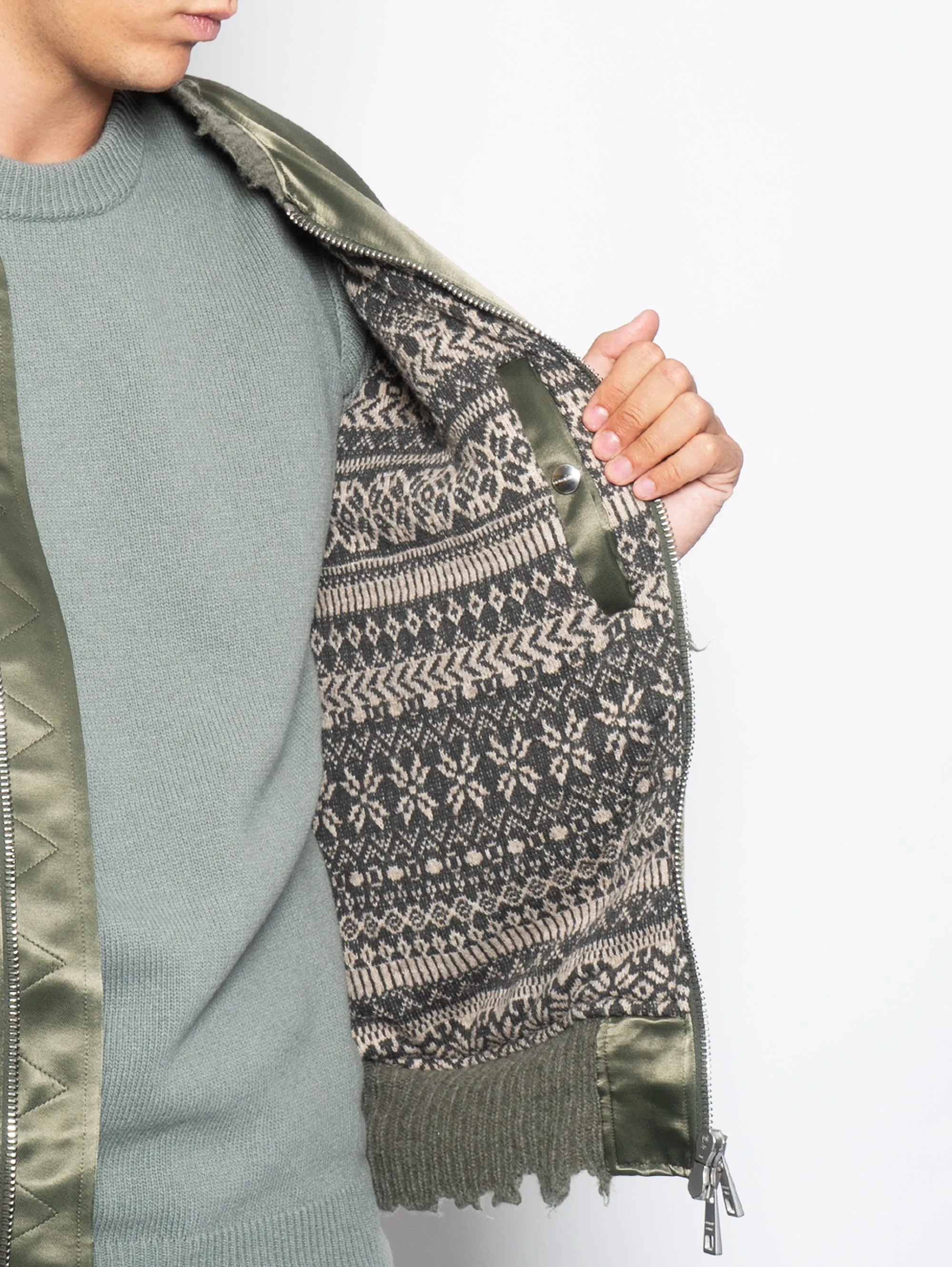Satin Bomber Jacket with Green Wool Lining