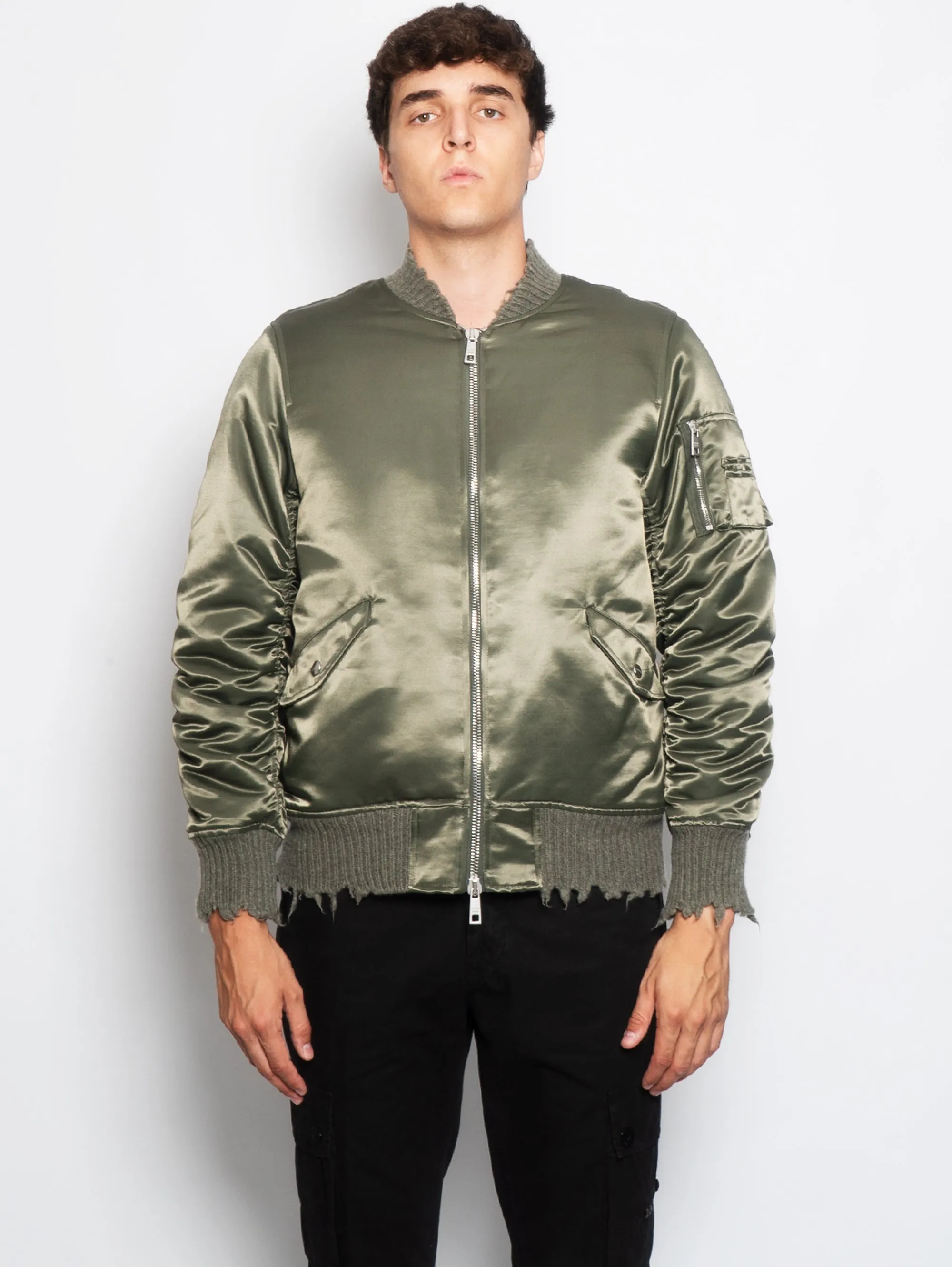 Satin Bomber Jacket with Green Wool Lining