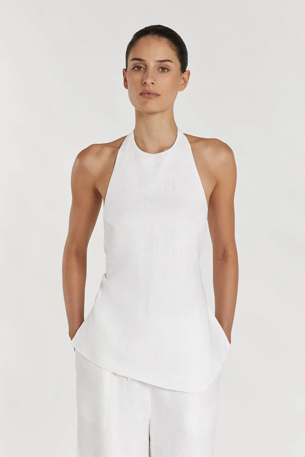 SERENA WHITE LINEN ASYM HALTER TOP