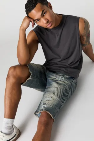 Short de style moto en denim d'aspect usé