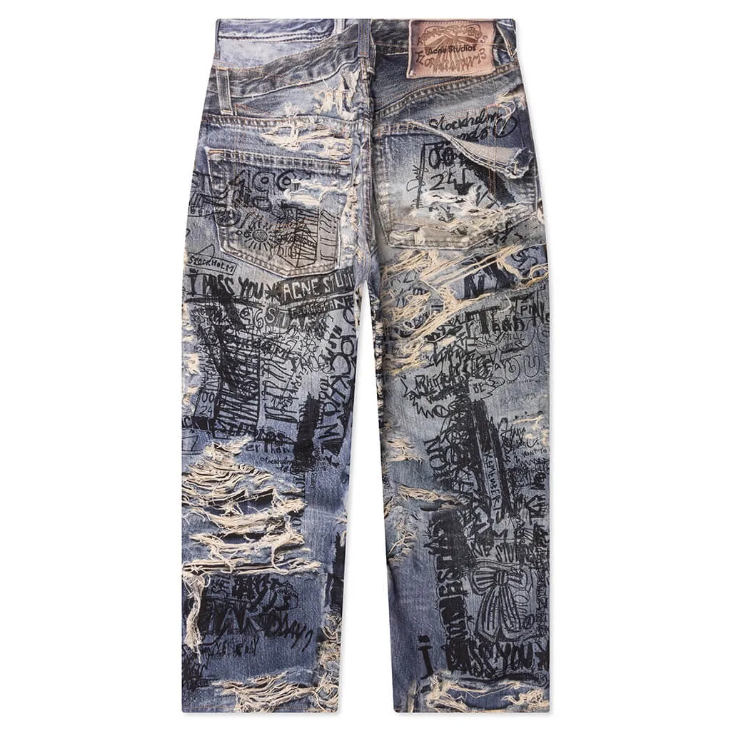Super Baggy Fit Scribble Jeans - Mid Blue